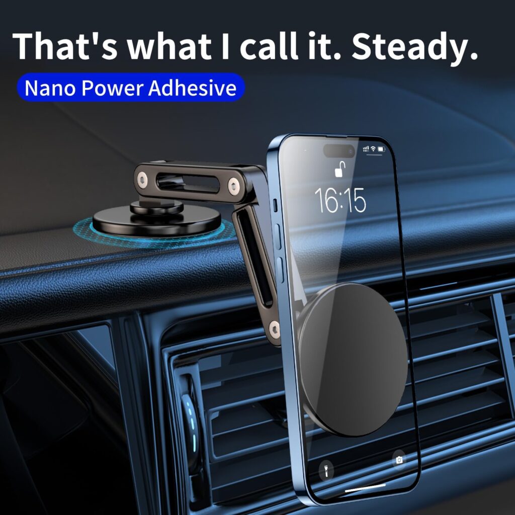 Car Phone Holder, Aluminum Alloy Car Phone Mount with Magnetic Suction, 360degree Rotation, Stable Phone Stand for Tesla Model 3/Y Accessories, Cell Phone Holder Car Suitable for All Phone (1 piece)