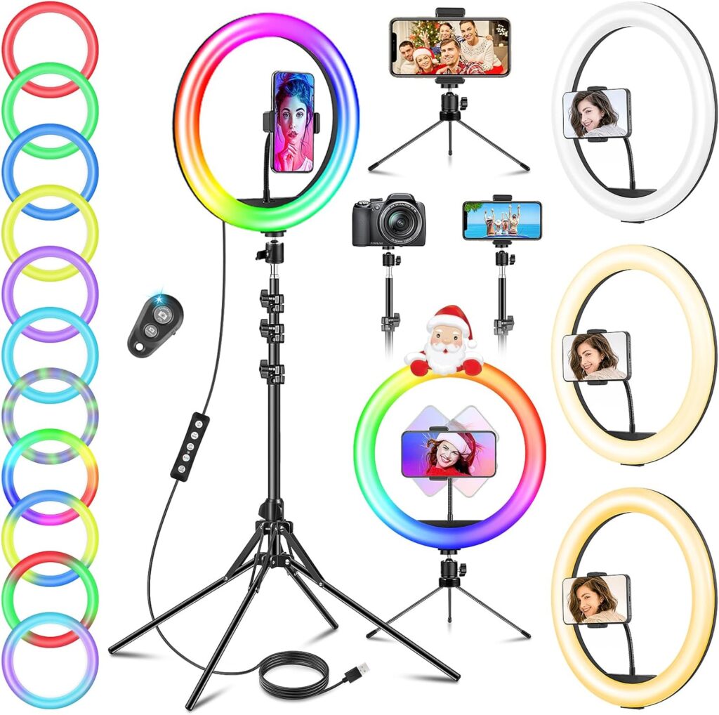 11.5” Ring Light with Tripod Stand & Phone Holder Tall, GerTong LED Professional Selfie Circle Ringlight with Remote for Makeup YouTube, Floor/Desk USB Halo Lamp with 40 RGB Modes 13 Brightness