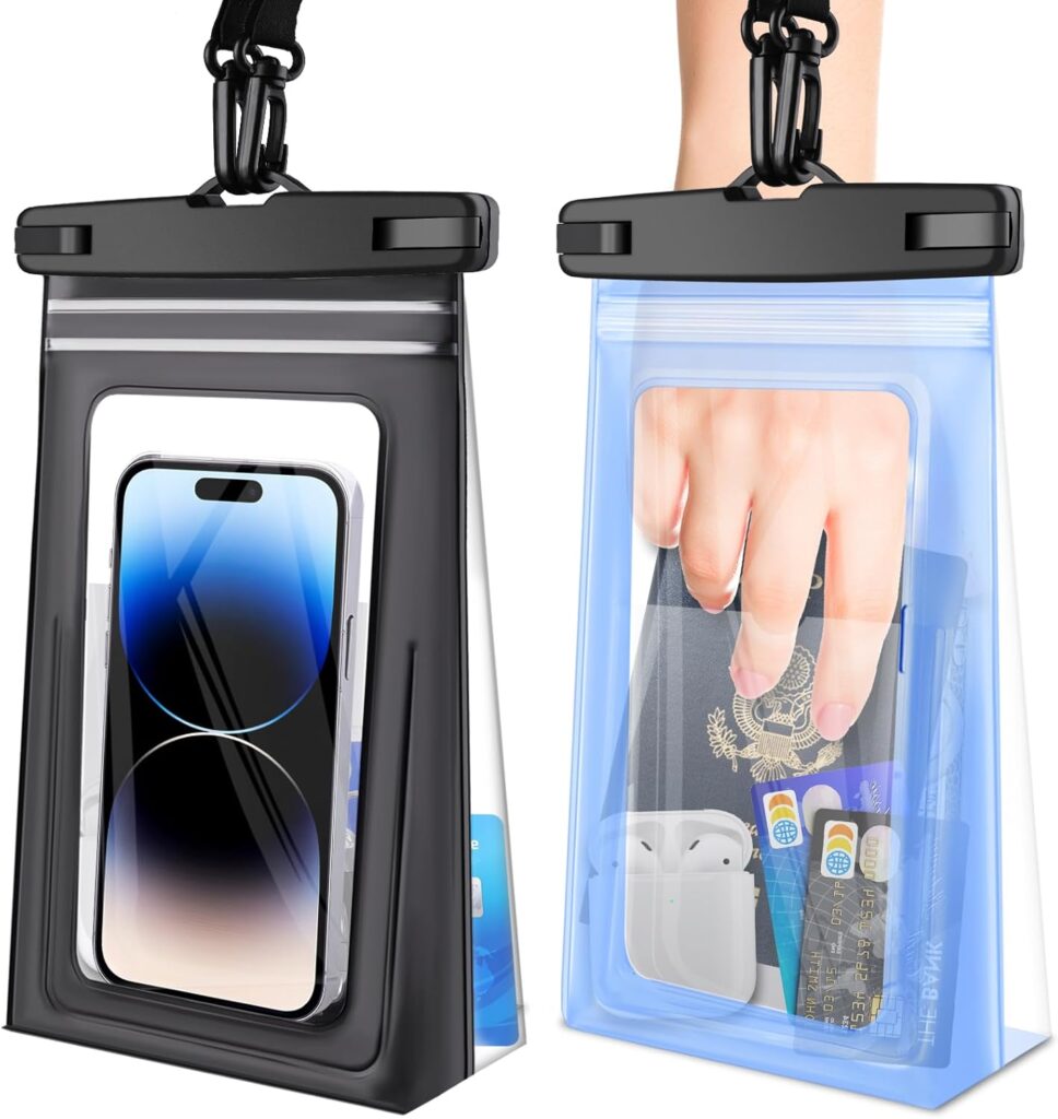 Razobws 2 pcs 9″ Waterproof Phone Pouch Floating, Travel Essentials Accessories Cell Phone Big Dry Bag for iPhone 15 14 13 12 11 Plus Pro Max Samsung, Case for Swimming Vacation [add Zip Lock Seal]