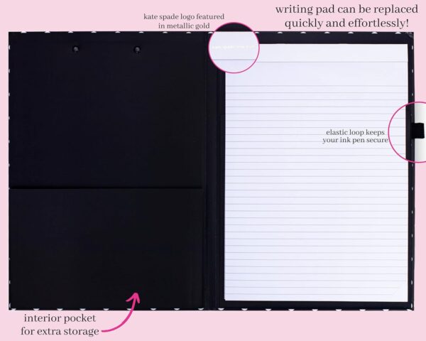 Kate Spade New York A4 Clipboard Folio with Low Profile Clip, Black Professional Padfolio Includes Lined Notepad, Pen Loop, and Pocket, Polka Dots - Image 3