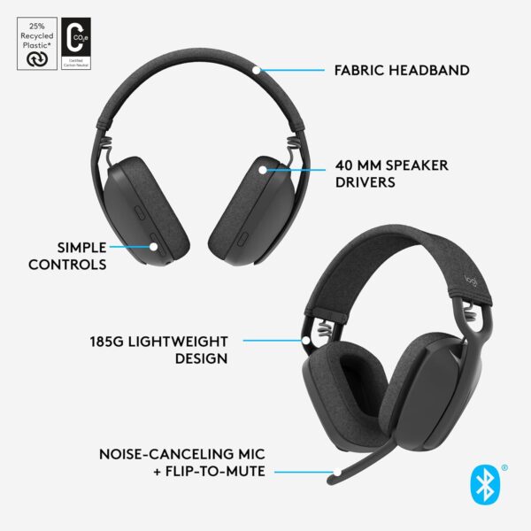 Logitech Zone Vibe 100 Lightweight Wireless Over Ear Headphones with Noise Canceling Microphone, Advanced Multipoint Bluetooth Headset, Works with Teams, Google Meet, Zoom, Mac/PC - Graphite - Image 7