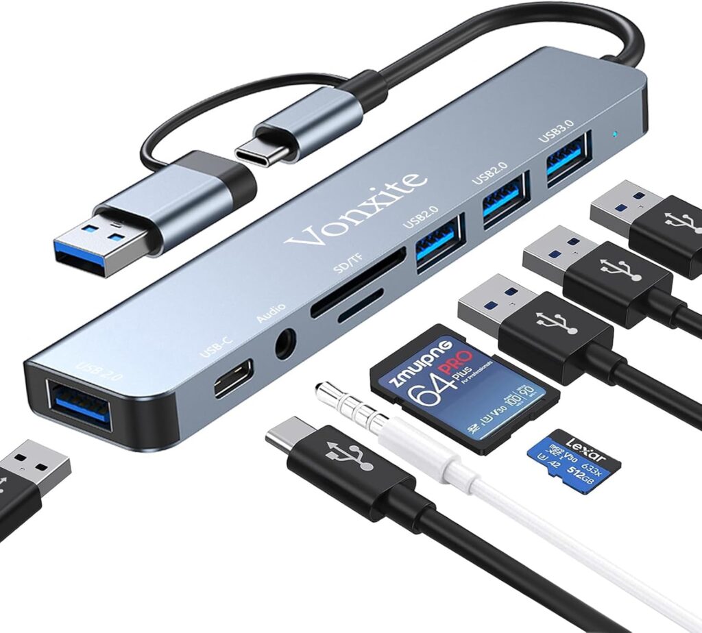 Vonxite USB C Adapter, USB C Multiport Adapter, USB C Hub USB-C Hub Multiport Adapter, Portable USB Type C Hub for Tablet, Laptop, PS5/PS4, Switch, Printer, USB Fan, Flash Drive (USB C Adapter 8 in 1)