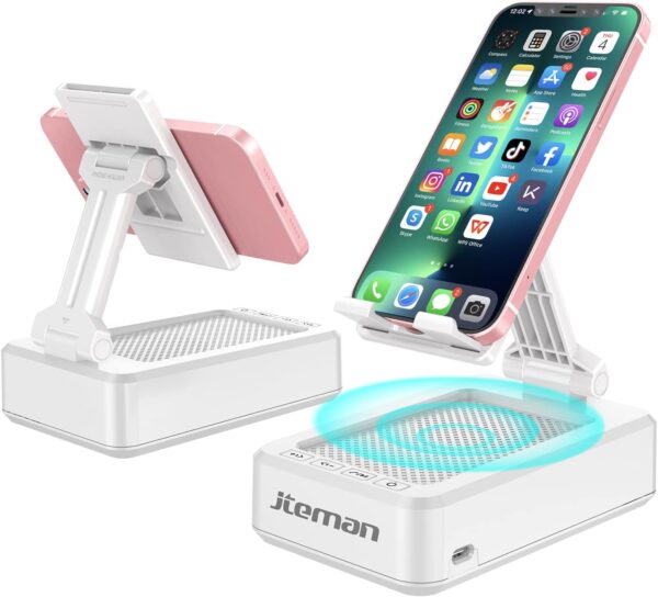JTEMAN Portable Phone Stand with Speaker Bluetooth Wireless,Gifts for Men Women,Birthday for Women Men,Kitchen Gadgets for Men,Phone Holder for Desk - White