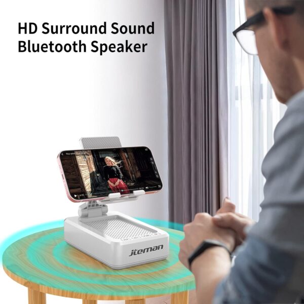 JTEMAN Portable Phone Stand with Speaker Bluetooth Wireless,Gifts for Men Women,Birthday for Women Men,Kitchen Gadgets for Men,Phone Holder for Desk - White - Image 3