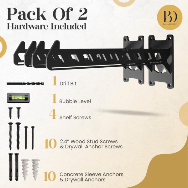Heavy-Duty Garage Shelving Aide Hooks by Balin Designs (Black) Utility Brackets for 10” - 12 "Shelves with Included Hardware, Ideal for Workshop, Garden Tools, and Electronic Item hangings (Set of 2) - Image 2