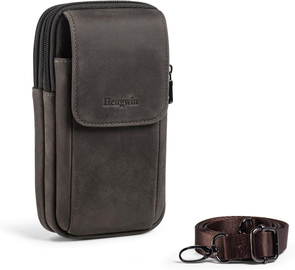 Hengwin Double Pocket Belt Bag for Men Genuine Leather Waist Pack for iPhone/Samsung Galaxy Cell Phones Crossbody Bag Mobile Pouch with Belt Ring and Belt Clip (Gray)