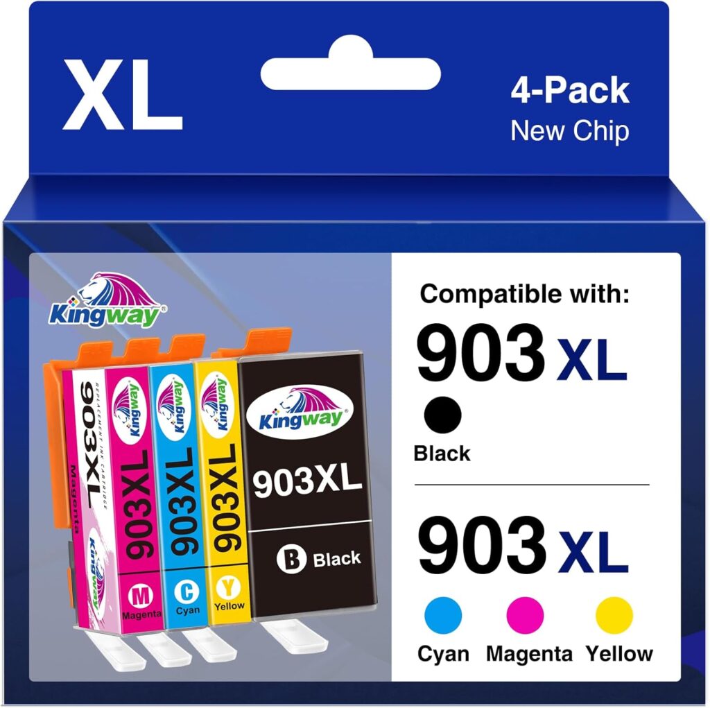 KINGWAY 903XL Ink Cartridges Replacement for HP 903XL Ink Cartridges Multipack for HP Officejet Pro 6970 6960 Officejet Pro 6950 6960 All-in-One Inkjet Printer (Black, Cyan, Magenta, Yellow, 4-Pack)
