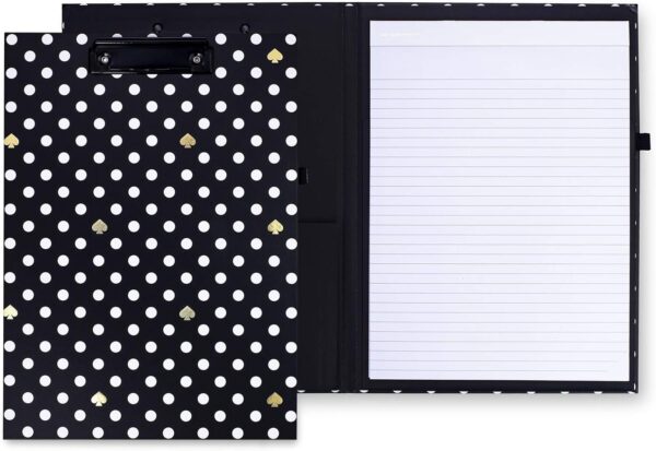 Kate Spade New York A4 Clipboard Folio with Low Profile Clip, Black Professional Padfolio Includes Lined Notepad, Pen Loop, and Pocket, Polka Dots