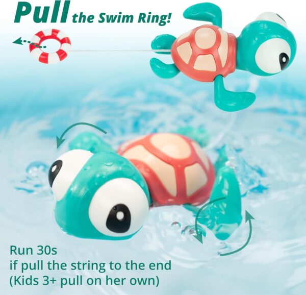 DUCKBOXX XX Pull-String Swimming Sea Friends Bath Toy, No Battery Mold-Free Anti-Rust Interactive Montessori Toy for Kids (Turtle with Swim Ring) - Image 2