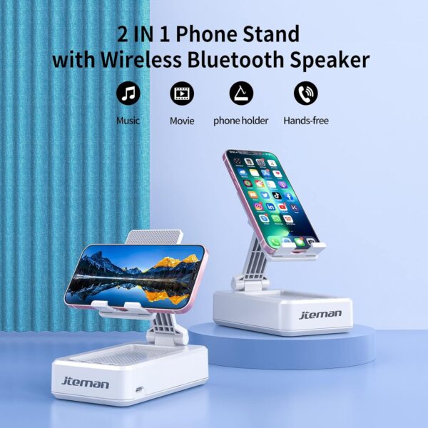 JTEMAN Portable Phone Stand with Speaker Bluetooth Wireless,Gifts for Men Women,Birthday for Women Men,Kitchen Gadgets for Men,Phone Holder for Desk - White - Image 2