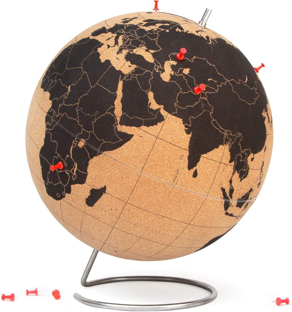 Suck UK Cork Globe Desktop Cork Board Travel Journal Alternative Educational World Map & Push Pin Globes Pinboard Travel Accessories Decorative World Globe For Home Decor Extra Large