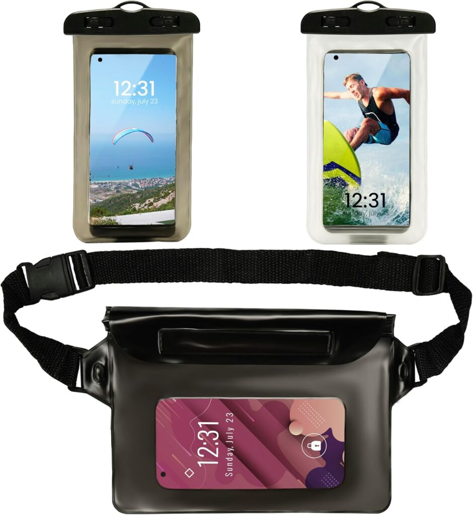 BELLE VOUS Set of 2 Waterproof Phone Pouches and 1 Bag with Straps – Universal Cellphone Protection Dry Cases with Lanyards – Underwater Bags for Swimming, Boating, Beach, Kayaking, Hiking & Fishing