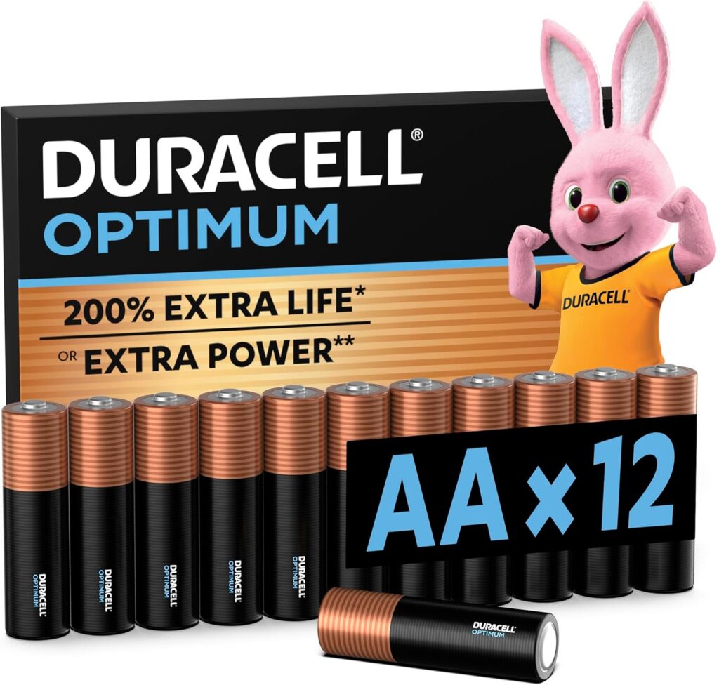 Duracell Optimum AA Batteries (12 Pack) – Alkaline Batteries 1.5V – Up To 200% Extra Life or Extra Power – Meets Demands Of Modern Devices – 100% Recyclable, 0% Plastic Packaging – LR6 MX1500