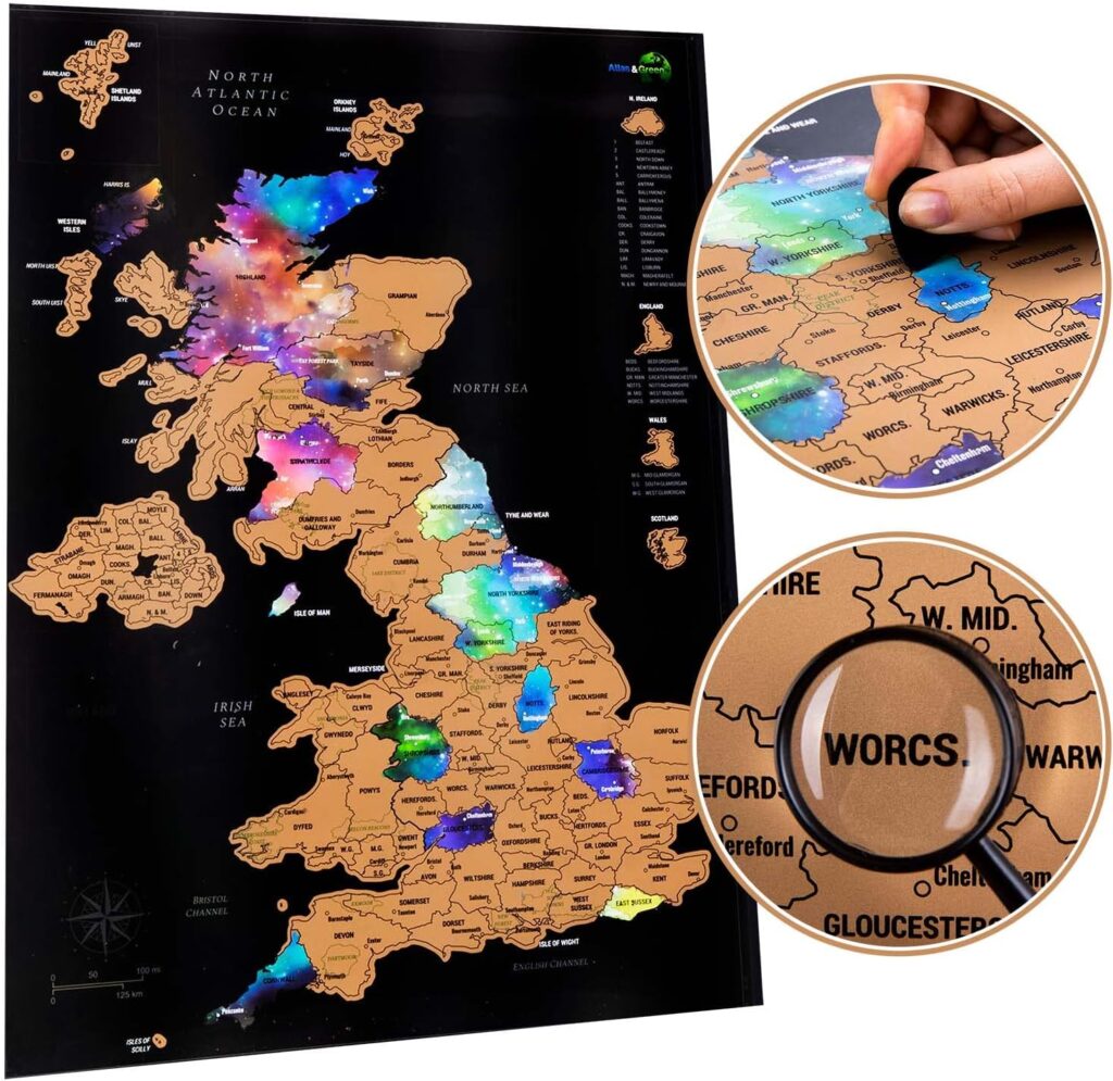 Scratchable UK Map, A2 Poster + Accessories Kit & Travel Tube, Campervan Day Trips, Journal Wall Art, Nebula Watercolour Designed
