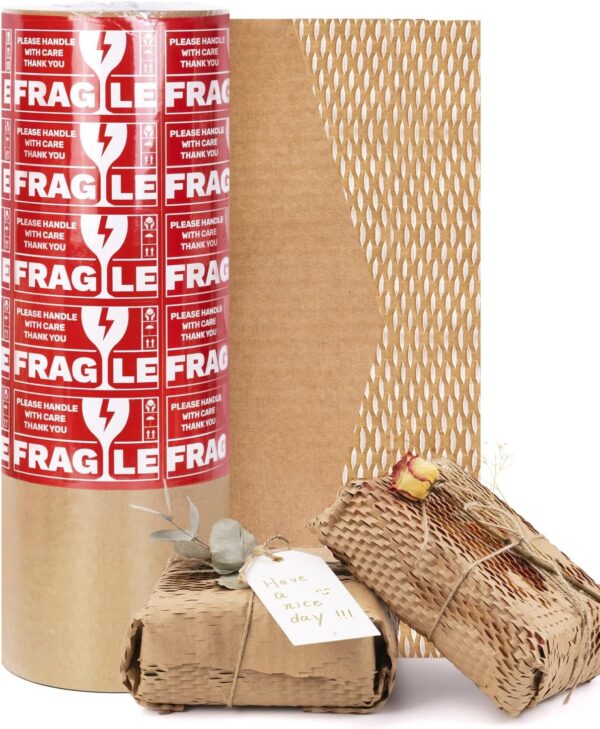 Honeycomb Packing Paper Wrap 15” x 315’, Brown Recycled Moving Supplies Eco-Friendly Bubble Paper Packing Wrapping for Fragile Items, Glassware, Ceramics, Electronics and Decorations Packaged Bouquet