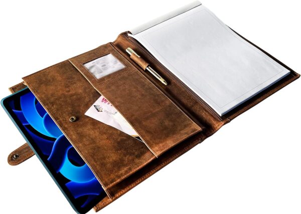 Leather A4 Conference Folder | Professional Organizer for Men and Women | Handmade Durable Leather Portfolio with Sleeves for Documents and Notepad by Rustic Town (Brown) - Image 5