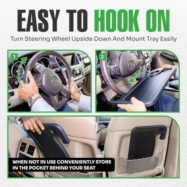 lebogner Steering Wheel Tray, Car Tray for Eating, Hook On Steering Wheel Desk for Food, Laptop and Car Accessories, Car Road Trip Must Haves Gadgets Car Table (Black) - Image 4