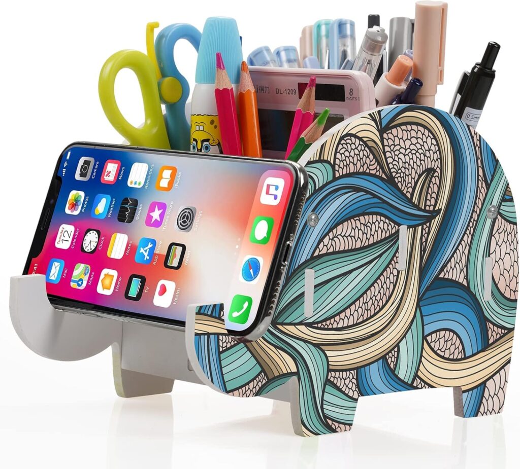 MOKANI Desk Supplies Organizer, Elephant Pencil Holder Multifunctional Office Accessories Desk Decoration with Cell Phone Stand,Gifts for Kids, Girls, Boys, Women