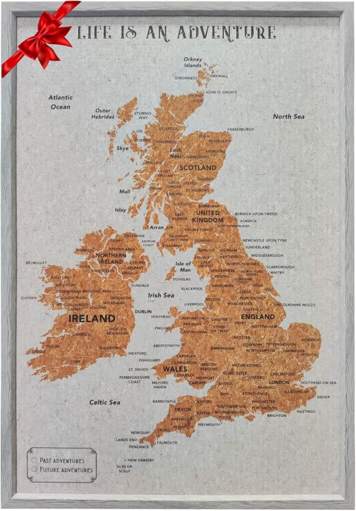 Splosh Travel Map – Large UK Map & Ireland Map Pin Board in Grey, Wooden Frame. Travel Map Pin Board with 100 Pins in 2 Colours to Mark Your Past & Future Adventures, Map of UK & Map of Ireland.