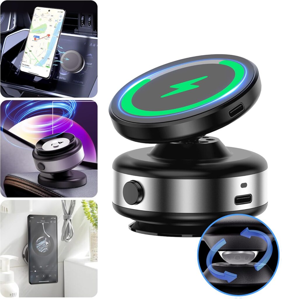 Foluu Wireless Charger Car Magnetic Phone Holder, 360° Rotatable Car Navigation Holder, Double-Sided Magnetic & Vacuum Adsorption, for Windshield, Dashboard, Kitchen, Bedroom, Office