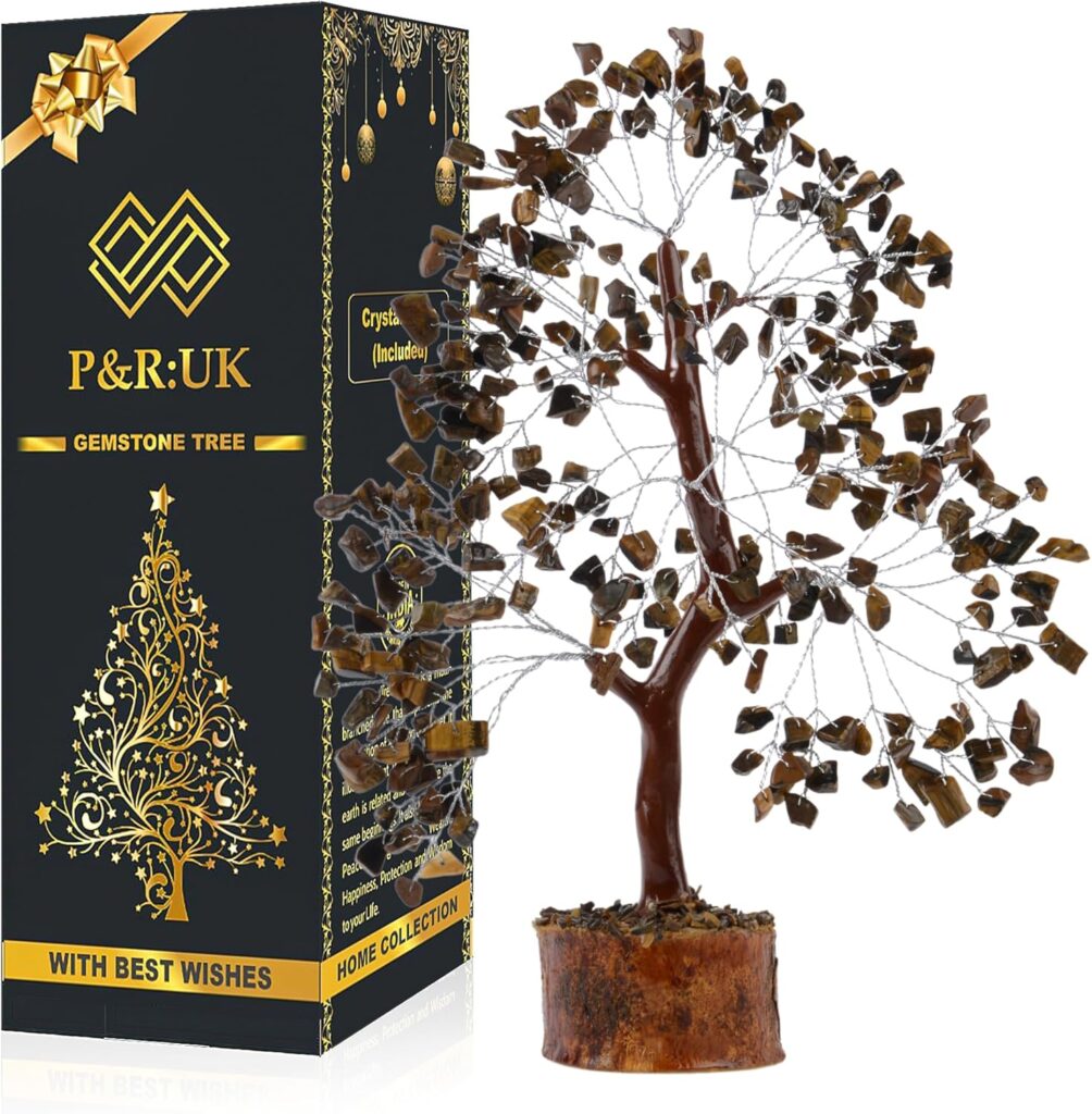 P&R:UK Tiger Eye Crystal Tree Meditation Accessories – Money Tree of Life – Real Gemstones Crystal Decor Promotes Positive Energies – Spiritual Gift Healing Stones for Office, Home Display