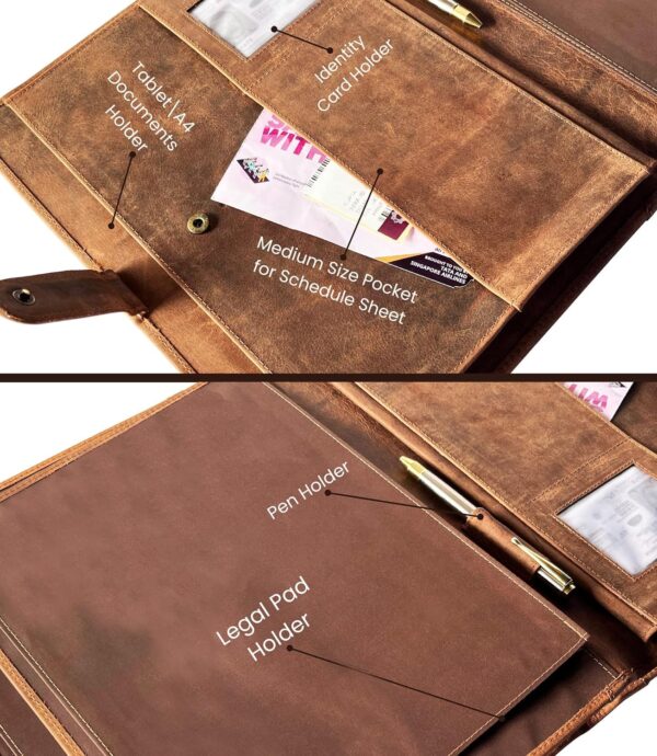 Leather A4 Conference Folder | Professional Organizer for Men and Women | Handmade Durable Leather Portfolio with Sleeves for Documents and Notepad by Rustic Town (Brown) - Image 4