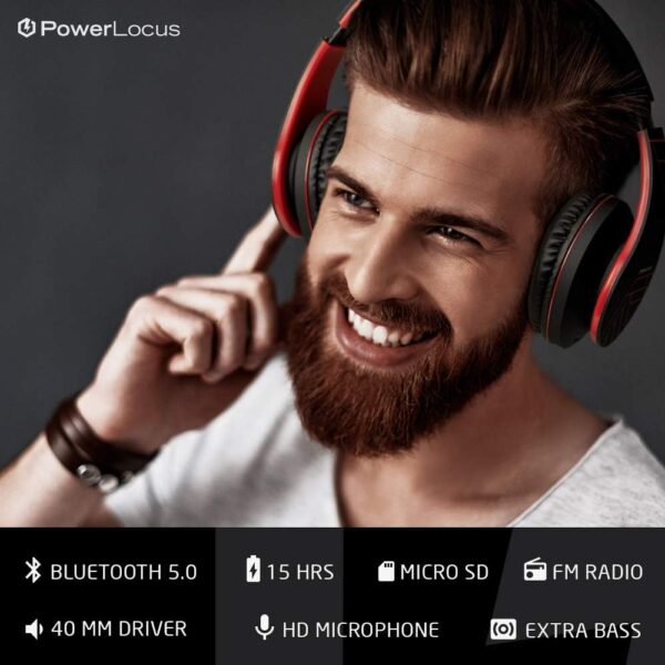 PowerLocus Bluetooth Over-Ear Headphones, Wireless Stereo Foldable Headphones Wireless and Wired Headsets with Built-in Mic, Micro SD/TF, FM for iPhone/Samsung/iPad/PC (Black/Red) - Image 3