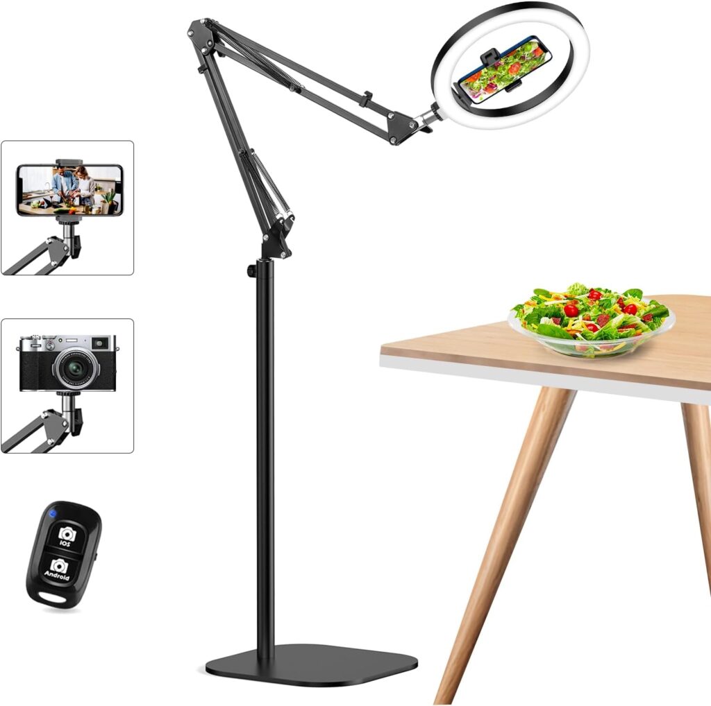 10″ Ring Light with Tripod Stand & Phone Holder, Flexible Overhead Mount, CRI >95, Adjustable 70″ Height & 360° Lighting, Ringlight Phone Tripod for iPhone Content Creation TikTok YouTube