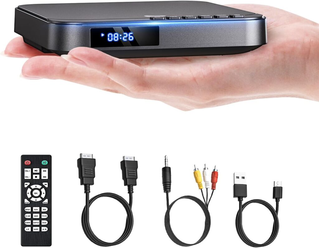 DESOBRY Mini DVD Player HDMI for TV 1080P Multi Region DVD Player with AV Output, USB/TF Card Input, Remote Control, Support PAL/NTSC