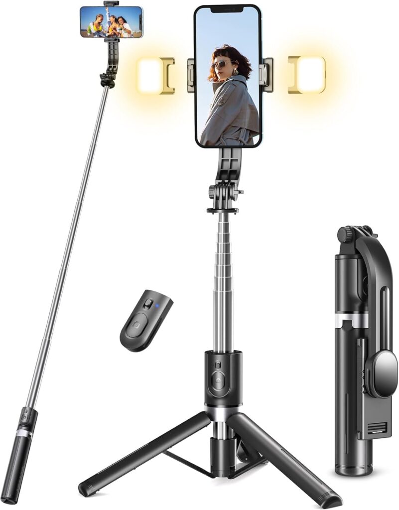 Selfie Stick Tripod with 2 Fill Lights, 45” Extra Long Phone Tripod with Detachable Remote, Compatible with iPhone, Samsung, Smartphones