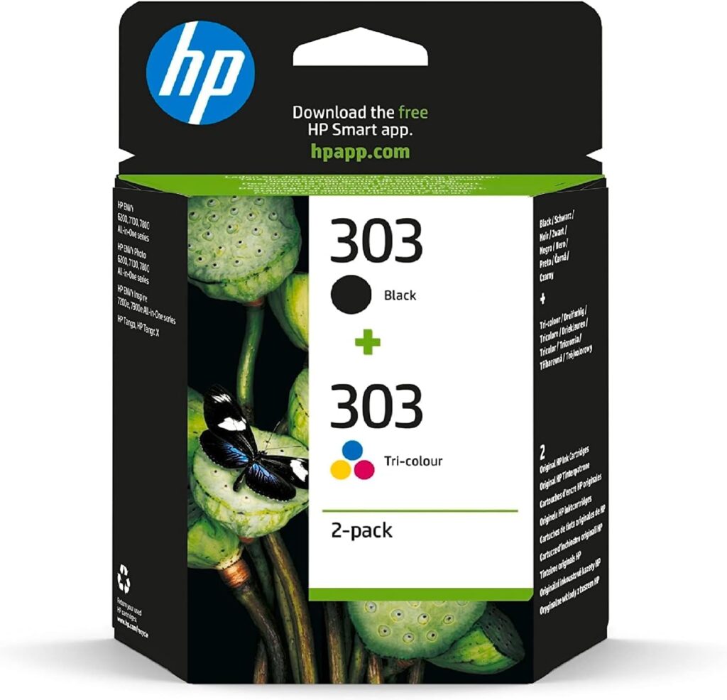 HP 303 (3YM92AE) Original Printer Cartridges 2 Count (Pack of 1) (1xblack, 1xcolor) for HP ENVY 6200, 7100, 7134,7220e,7221e,7224e,7800,7900e Tango Printer.Black – 1X 200 pg|Tri-color – 1 x 165 pg