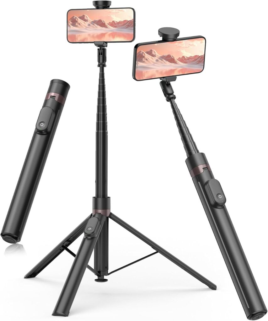 TONEOF 66″ Automatic Tripod Selfie Stick, Auto-Open Phone Tripod Stand with Magnetic Rechargable Remote, 360° Double Axes Rotatable Travel Tripod, Stable Smartphone Tripod for iPhone/Android-Black