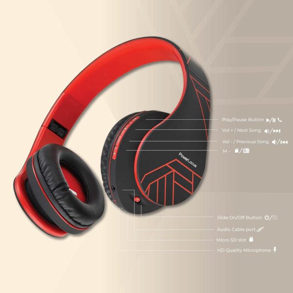 PowerLocus Bluetooth Over-Ear Headphones, Wireless Stereo Foldable Headphones Wireless and Wired Headsets with Built-in Mic, Micro SD/TF, FM for iPhone/Samsung/iPad/PC (Black/Red) - Image 5