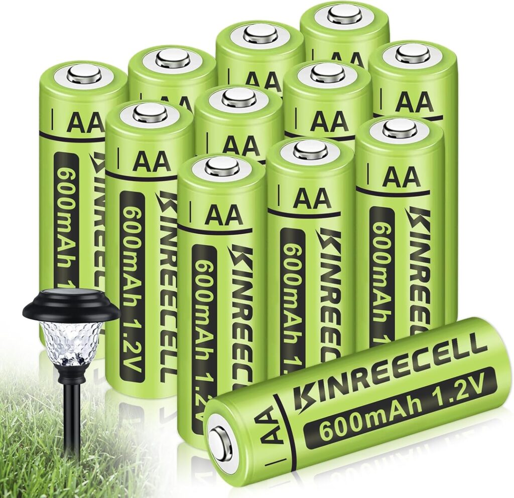 KINREECELL Rechargeable AA Batteries, Ni-MH Double A Solar Batteries True Capacity 1.2V Pre-Charged for Solar Lights, String Lights, Solar Pathway Lights (AA-600mAh-12pack)