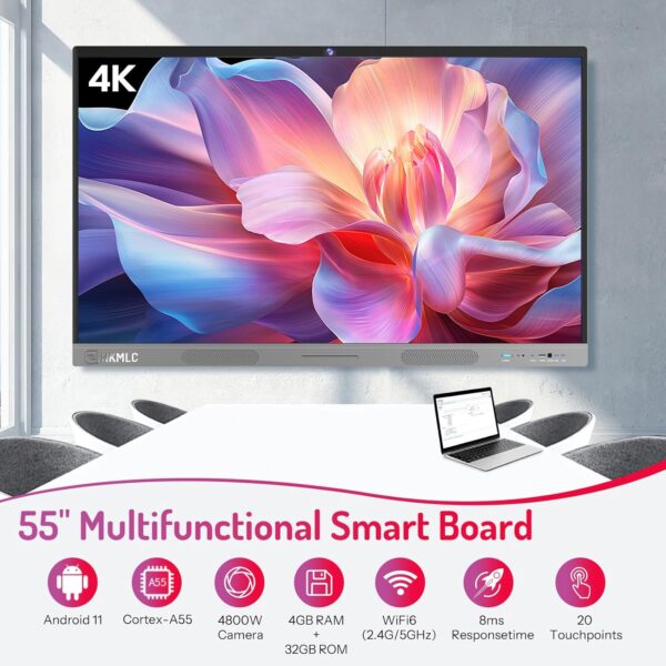 HKMLC Smart Board, Essential Vision 55 Inch Interactive Whiteboard Built-in 4800MP Camera, All-in-One Digital Whiteboard with 4K UHD Touchscreen for Classroom Home Office (Wall Mount Included) - Image 2