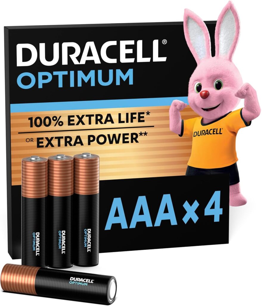 Duracell Optimum AAA Batteries (4 Pack) – Alkaline Batteries 1.5V – Up To 100% Extra Life or Extra Power – Meets Demands Of Modern Devices – 100% Recyclable, 0% Plastic Packaging – LR03 MX2400