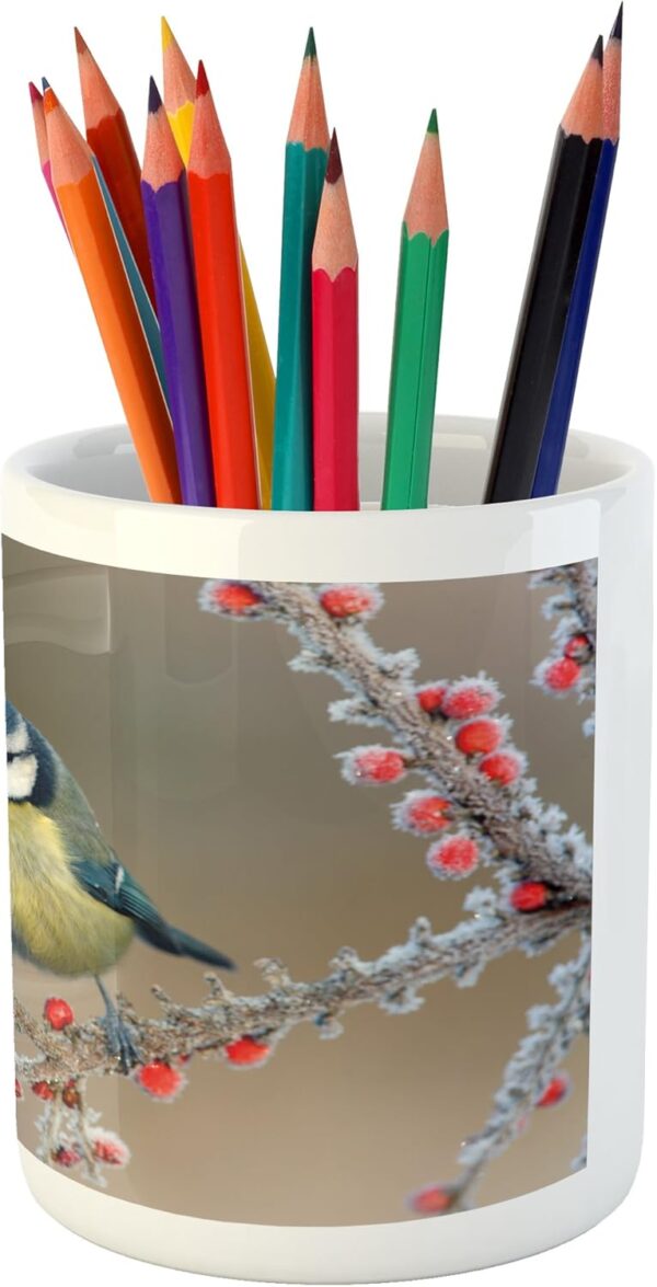 Lunarable Bird Pencil Pen Holder, Blue Tit Parus Caeruleus on Berries in Frost Midlands Winter Time Britain UK Woodland, Printed Ceramic Pencil Pen Holder for Desk Office Accessory, Multicolor - Image 3