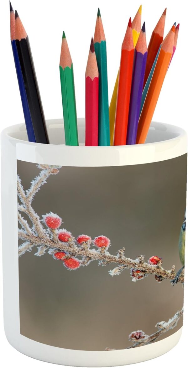 Lunarable Bird Pencil Pen Holder, Blue Tit Parus Caeruleus on Berries in Frost Midlands Winter Time Britain UK Woodland, Printed Ceramic Pencil Pen Holder for Desk Office Accessory, Multicolor - Image 4