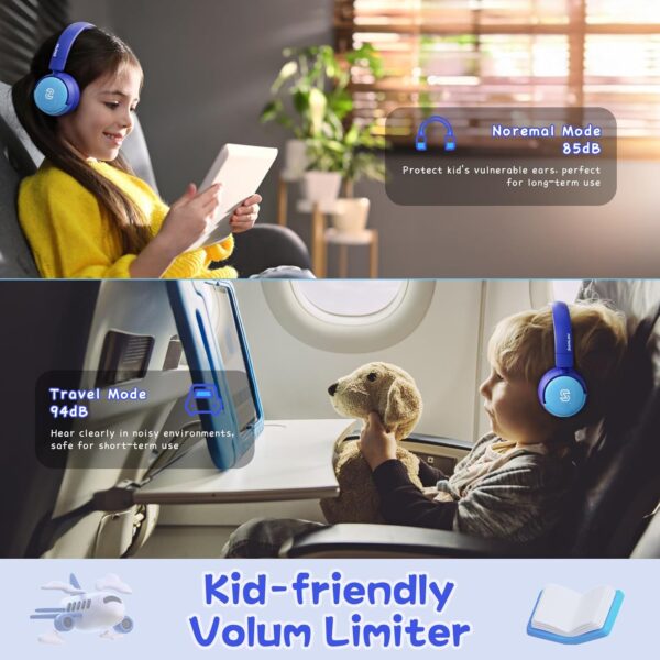 S62 Kids Bluetooth Headphones, Wireless Headphones for Kids Over Ear with Microphone, 85/94dB Volume Limiter Headphones for Girls Boys, Foldable Headphones for Learning & Entertainment-Blue - Image 5