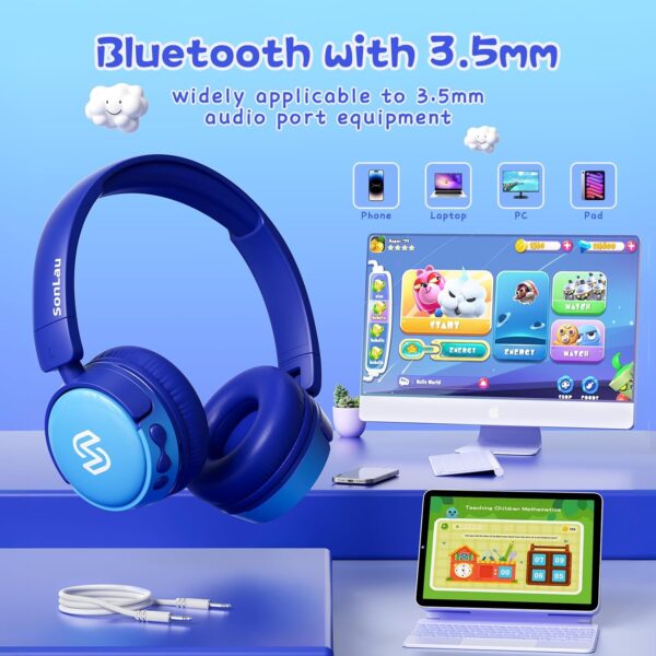 S62 Kids Bluetooth Headphones, Wireless Headphones for Kids Over Ear with Microphone, 85/94dB Volume Limiter Headphones for Girls Boys, Foldable Headphones for Learning & Entertainment-Blue - Image 4