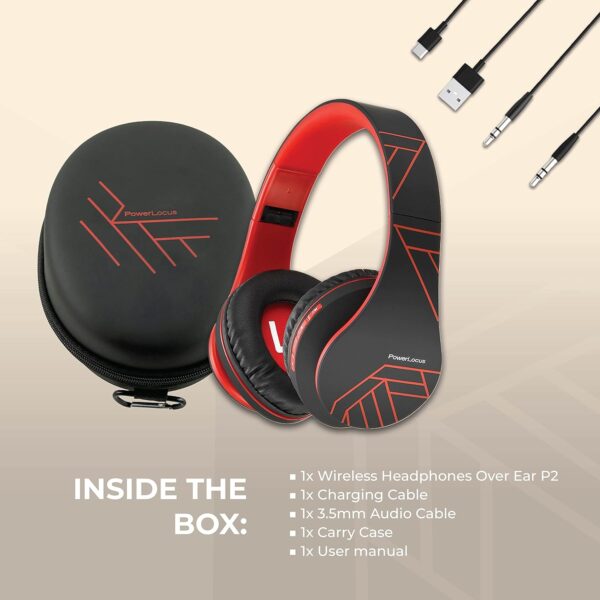 PowerLocus Bluetooth Over-Ear Headphones, Wireless Stereo Foldable Headphones Wireless and Wired Headsets with Built-in Mic, Micro SD/TF, FM for iPhone/Samsung/iPad/PC (Black/Red) - Image 8
