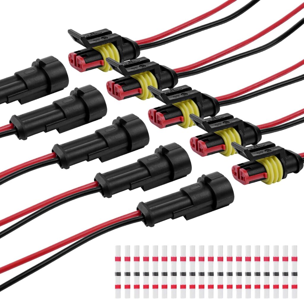 URAQT Car Waterproof Electrical Connector, 5 Pcs 2 Pin Car Wire Connector, Waterproof Connector with 16 AWG Wire and 20 Solder Terminals, For Car, Truck, Boat and Other Wire Connections