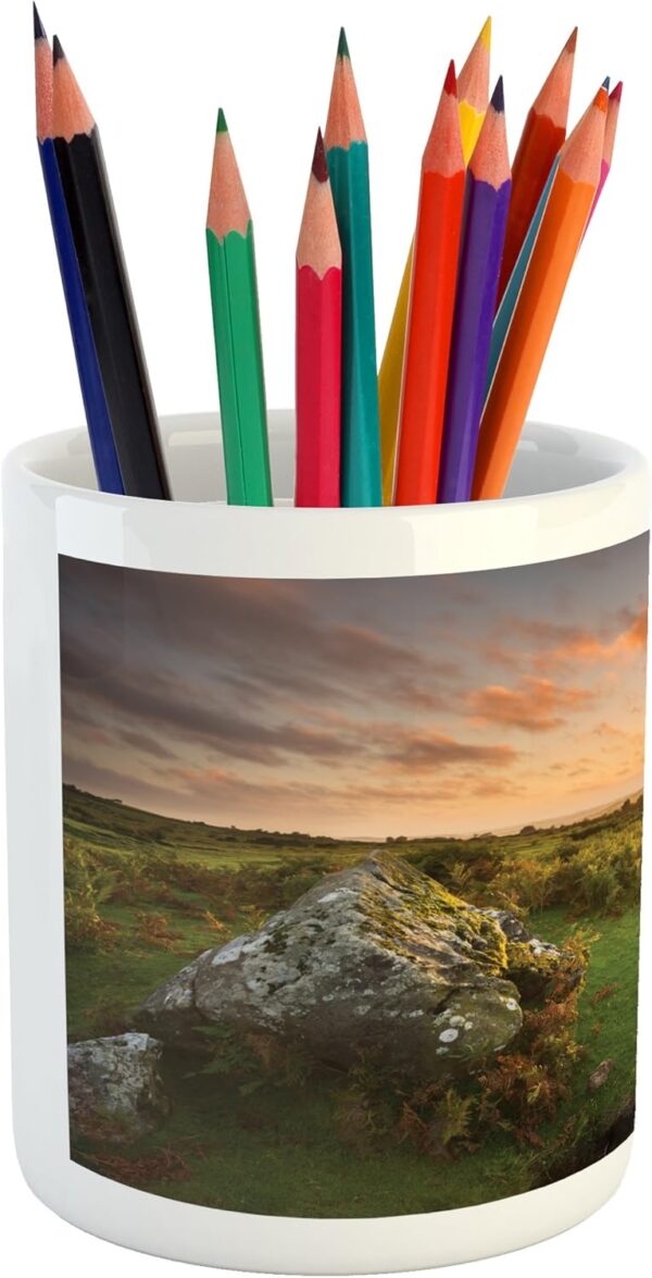 Lunarable Nature Pencil Pen Holder, Sunset at British Rural Countryside with Rock and Stream UK High Land Image, Printed Ceramic Pencil Pen Holder for Desk Office Accessory, Peach Olive Green - Image 4