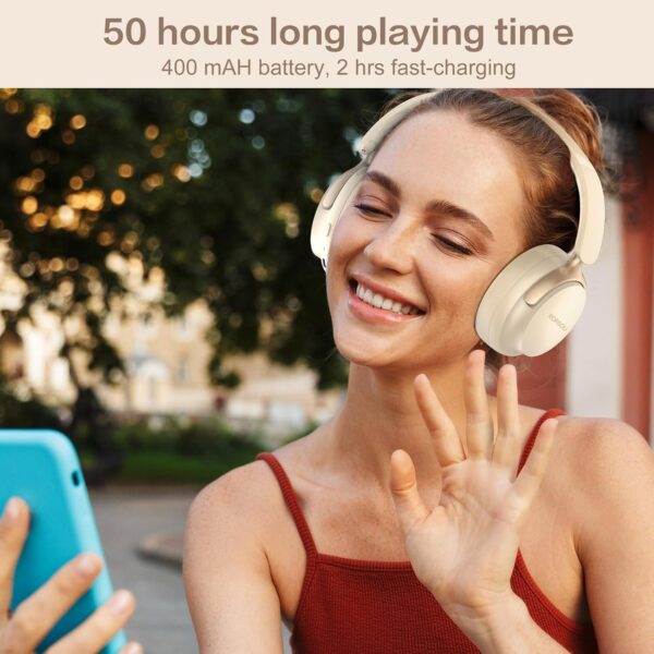 RORSOU B8 Bluetooth Headphones Over Ear, 6 EQ Music Modes and 50H Playtime Deep Bass Wireless Headphones with Mic, Lightweight Folding HiFi Stereo Headset for iPad/Travel/Tablet/PC/Home Beige White - Image 6