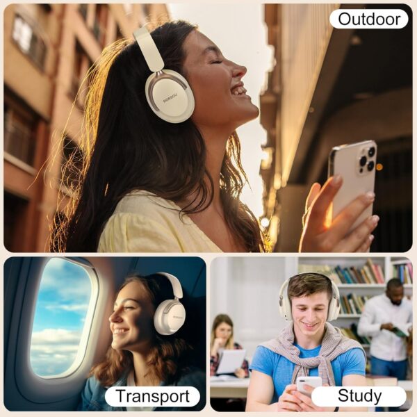 RORSOU B8 Bluetooth Headphones Over Ear, 6 EQ Music Modes and 50H Playtime Deep Bass Wireless Headphones with Mic, Lightweight Folding HiFi Stereo Headset for iPad/Travel/Tablet/PC/Home Beige White - Image 7