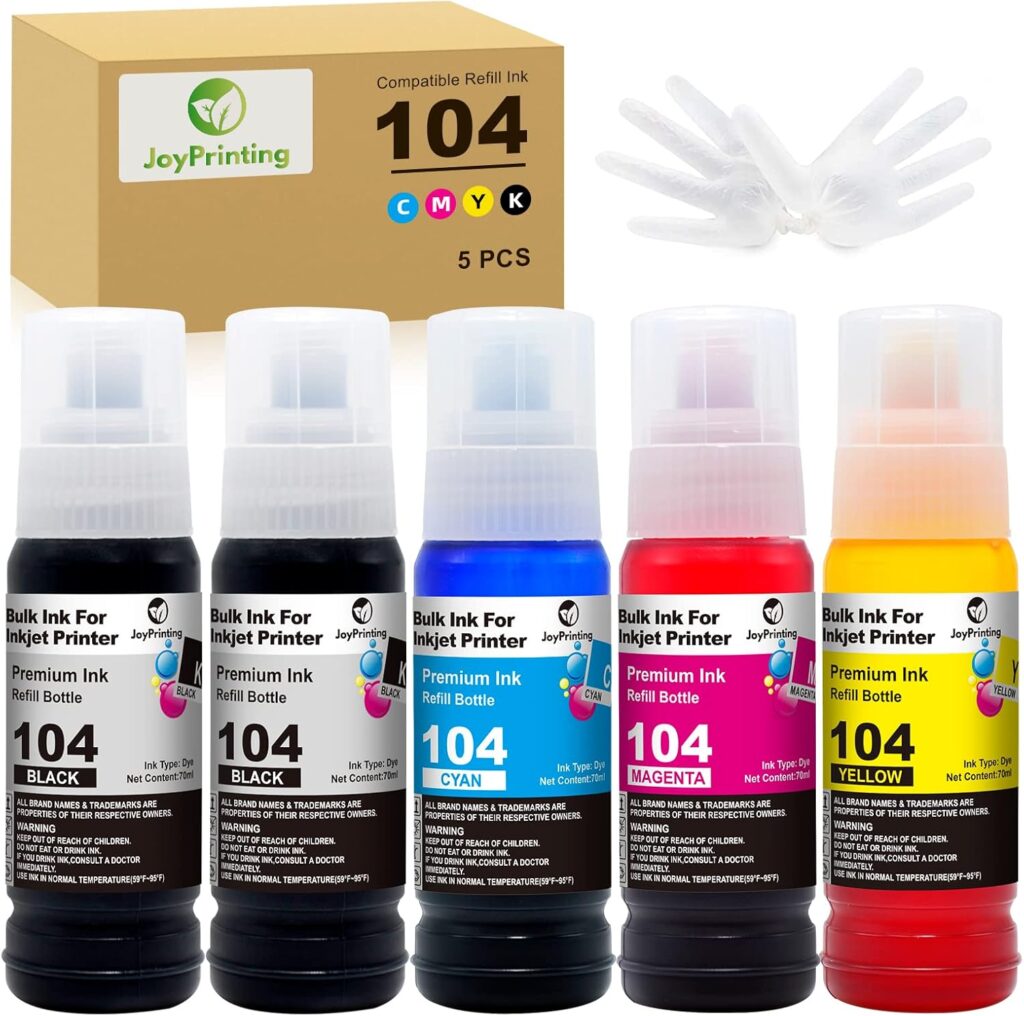 JoyPrinting 5X 104 Ink Bottle for Epson 104 Ecotank Ink Compatible with Epson EcoTank ET-2710 ET‑2711 ET-2712 ET-2714 ET-2715 ET-2720 ET-2721 ET-2726 ET-4700 Printer (Black, Cyan,Magenta, Yellow)