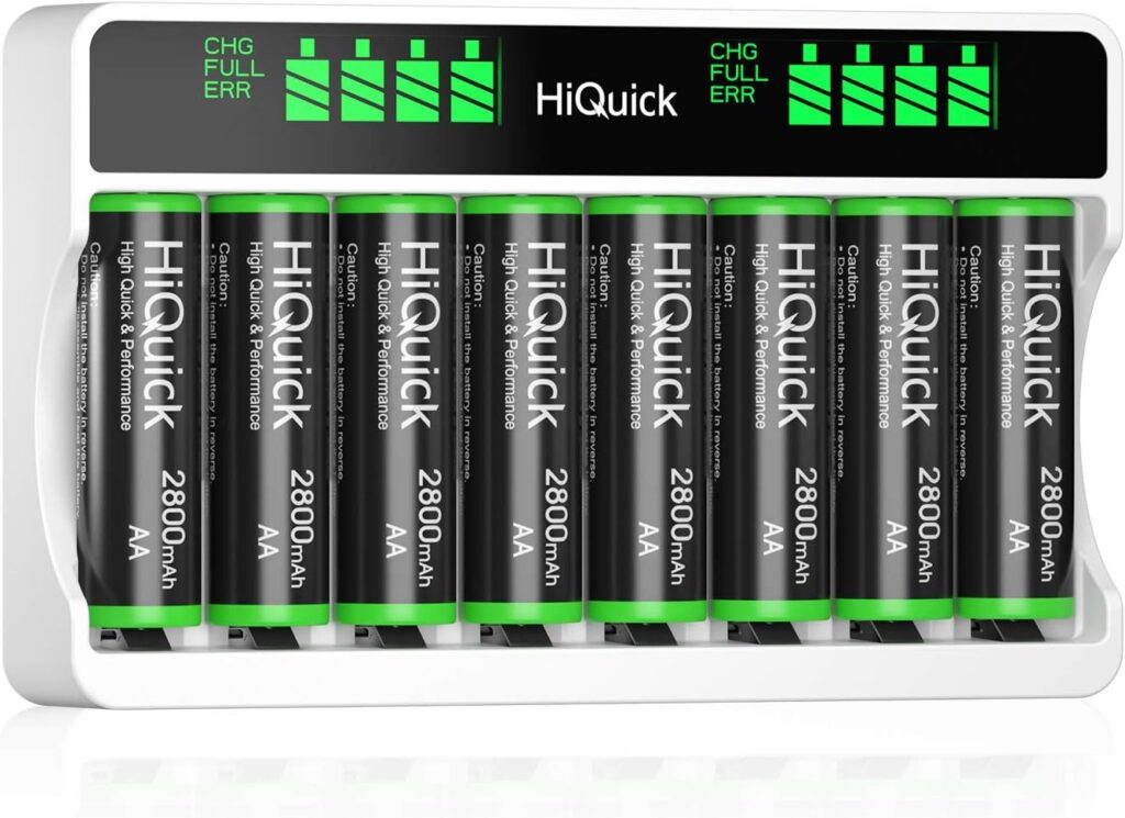HiQuick 8-slot AA AAA LCD Battery Charger, 5V 2A Fast Charging Function, Type C and Micro USB Input, with 8 x 2800mAh AA NI-MH Rechargeable Batteries, Battery and Charger Set