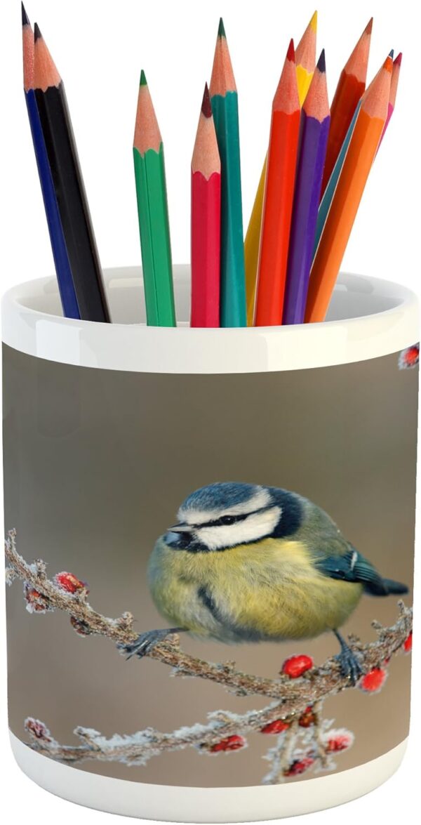 Lunarable Bird Pencil Pen Holder, Blue Tit Parus Caeruleus on Berries in Frost Midlands Winter Time Britain UK Woodland, Printed Ceramic Pencil Pen Holder for Desk Office Accessory, Multicolor