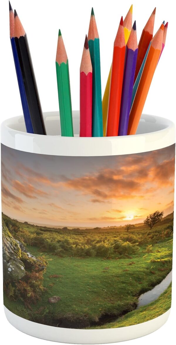 Lunarable Nature Pencil Pen Holder, Sunset at British Rural Countryside with Rock and Stream UK High Land Image, Printed Ceramic Pencil Pen Holder for Desk Office Accessory, Peach Olive Green