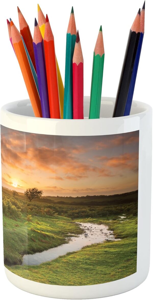 Lunarable Nature Pencil Pen Holder, Sunset at British Rural Countryside with Rock and Stream UK High Land Image, Printed Ceramic Pencil Pen Holder for Desk Office Accessory, Peach Olive Green - Image 3